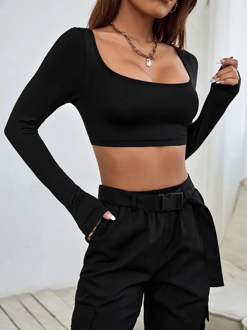 KARE YAKA DAR KESİM UZUN KOL CROP TOP
