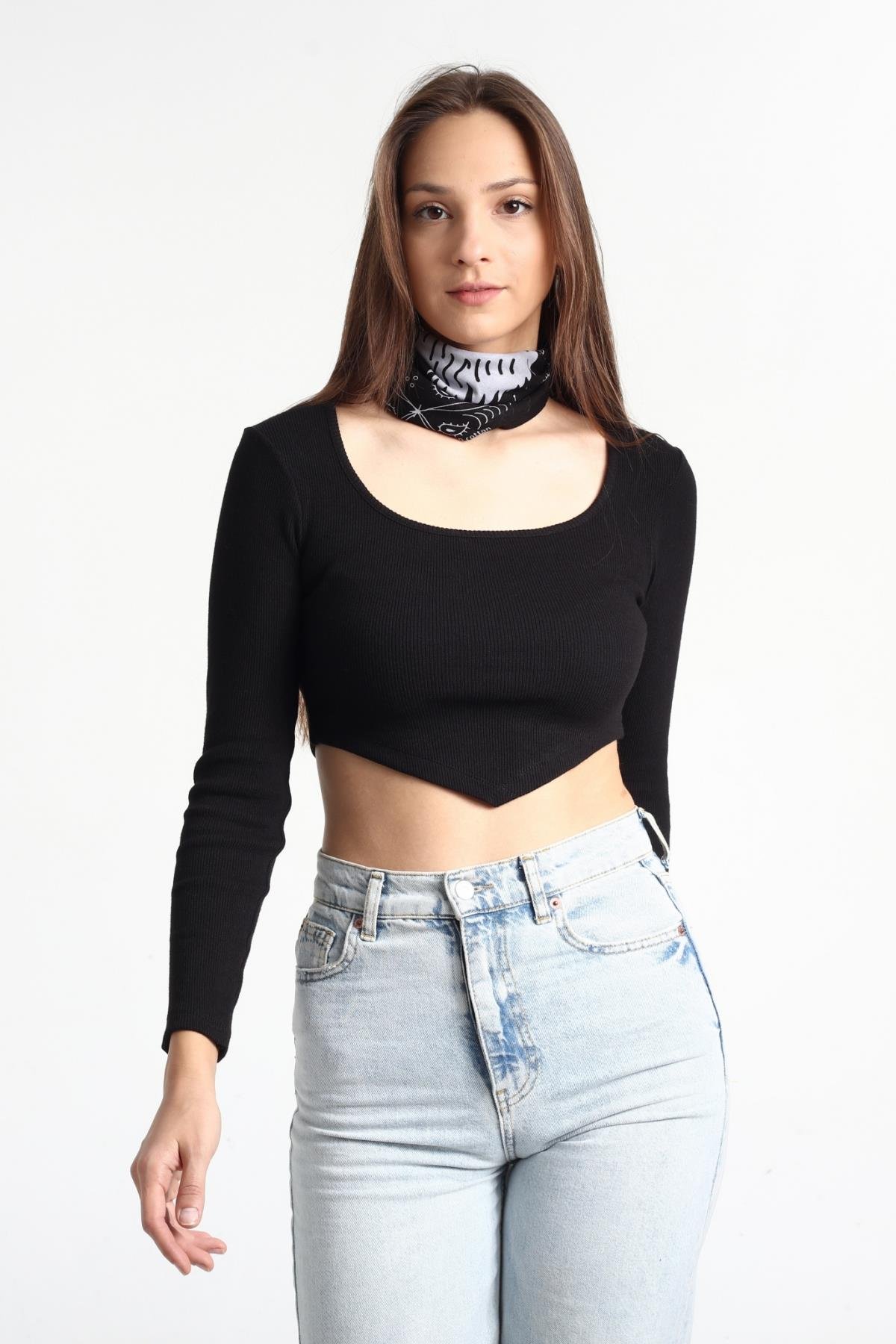 KARE YAKA UZUN KOL ÖN ASİMETRİK CROP TOP