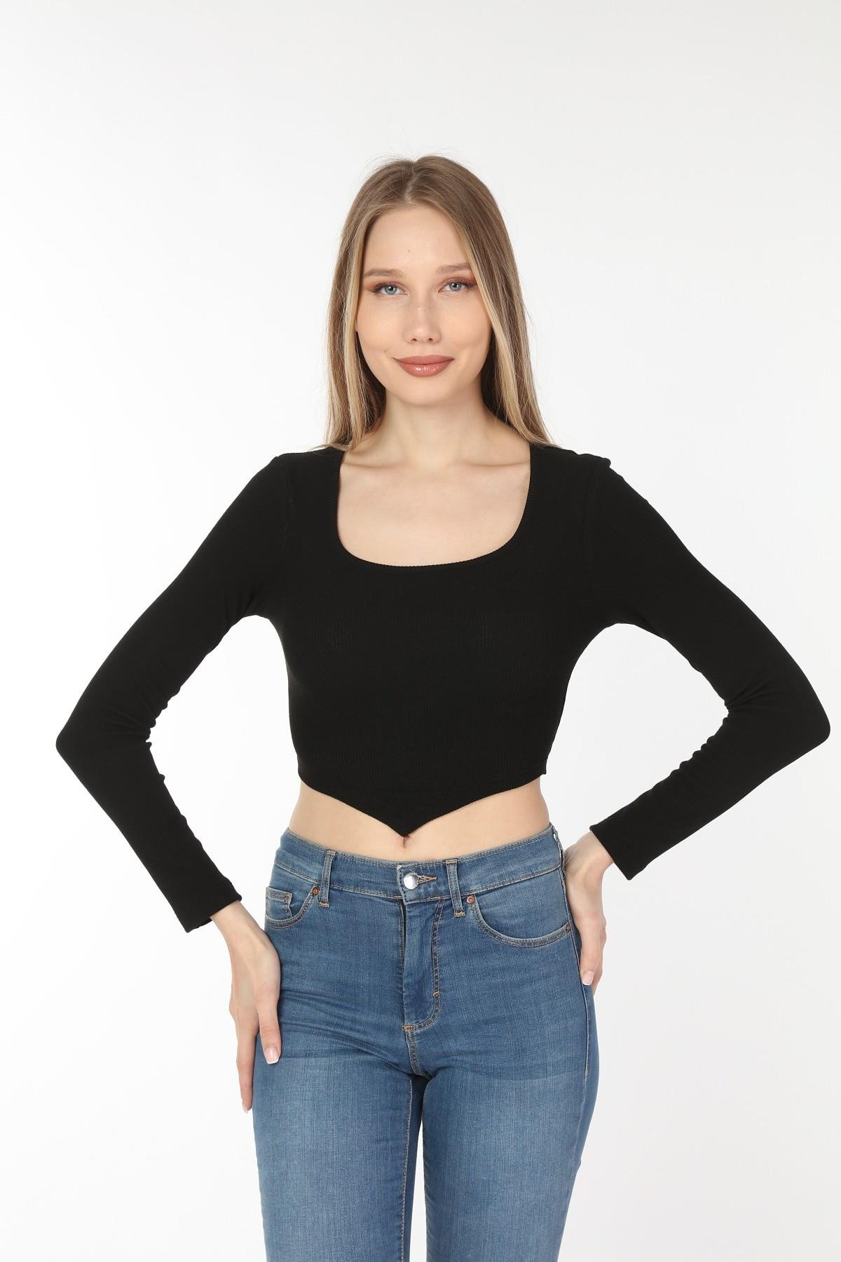 KARE YAKA UZUN KOL ÖN ASİMETRİK CROP TOP