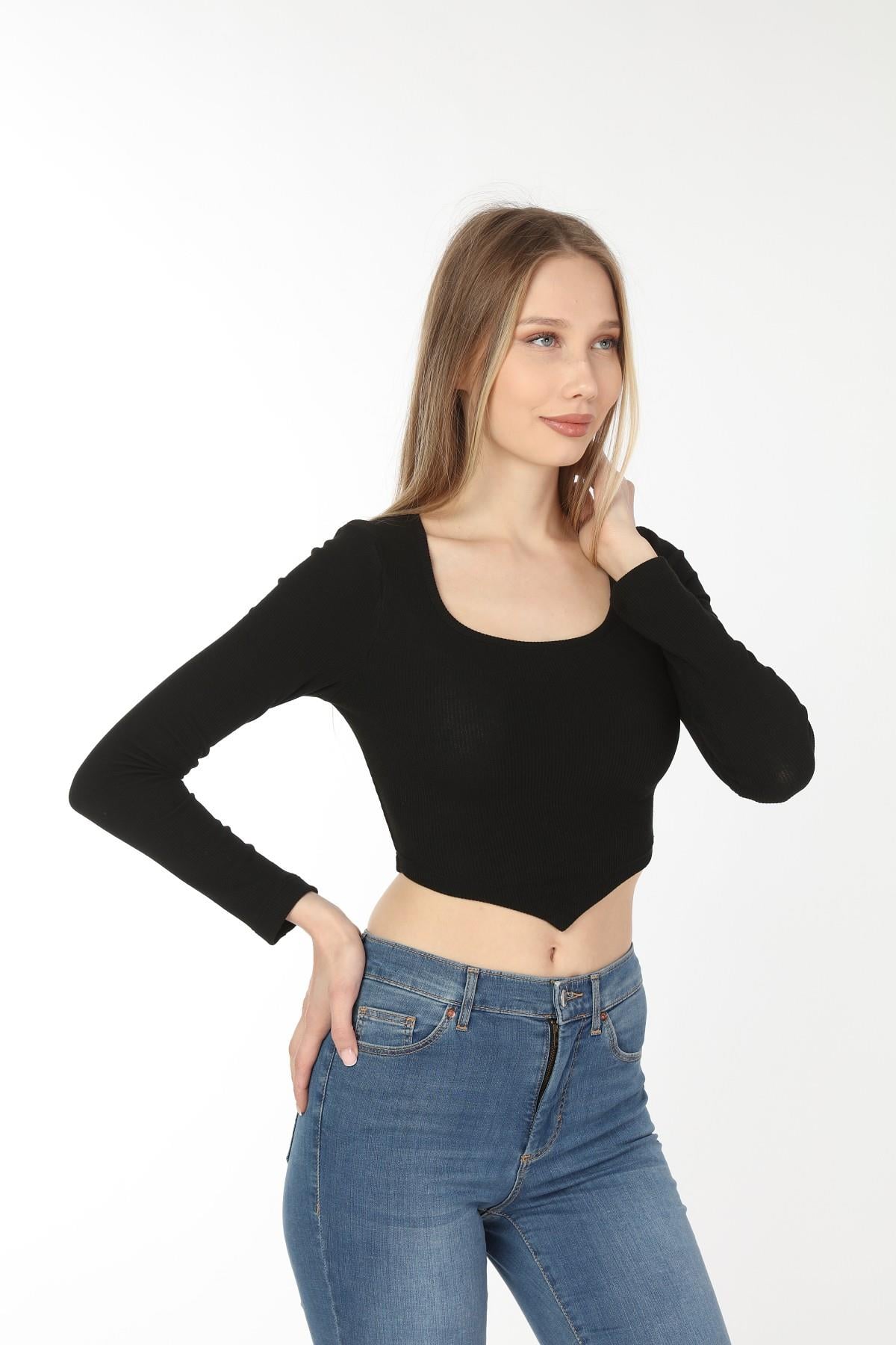 KARE YAKA UZUN KOL ÖN ASİMETRİK CROP TOP