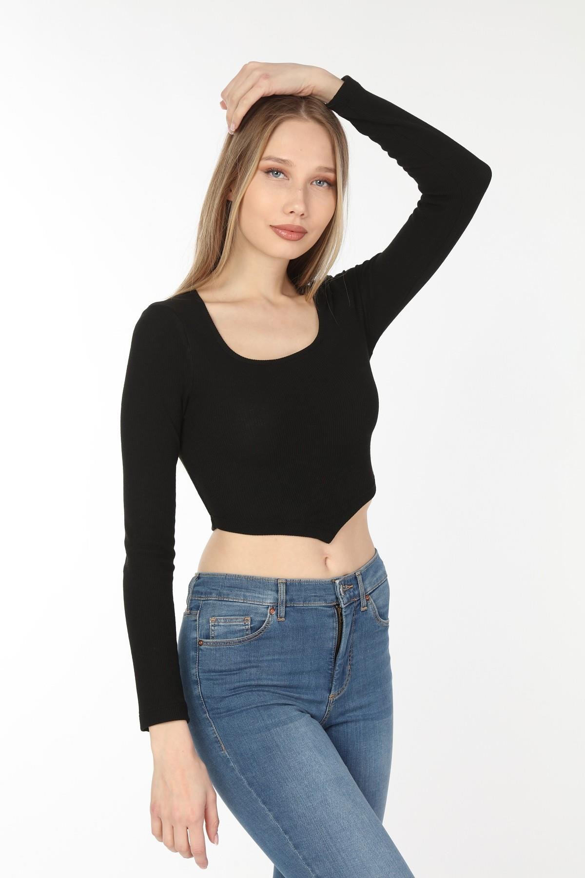 KARE YAKA UZUN KOL ÖN ASİMETRİK CROP TOP