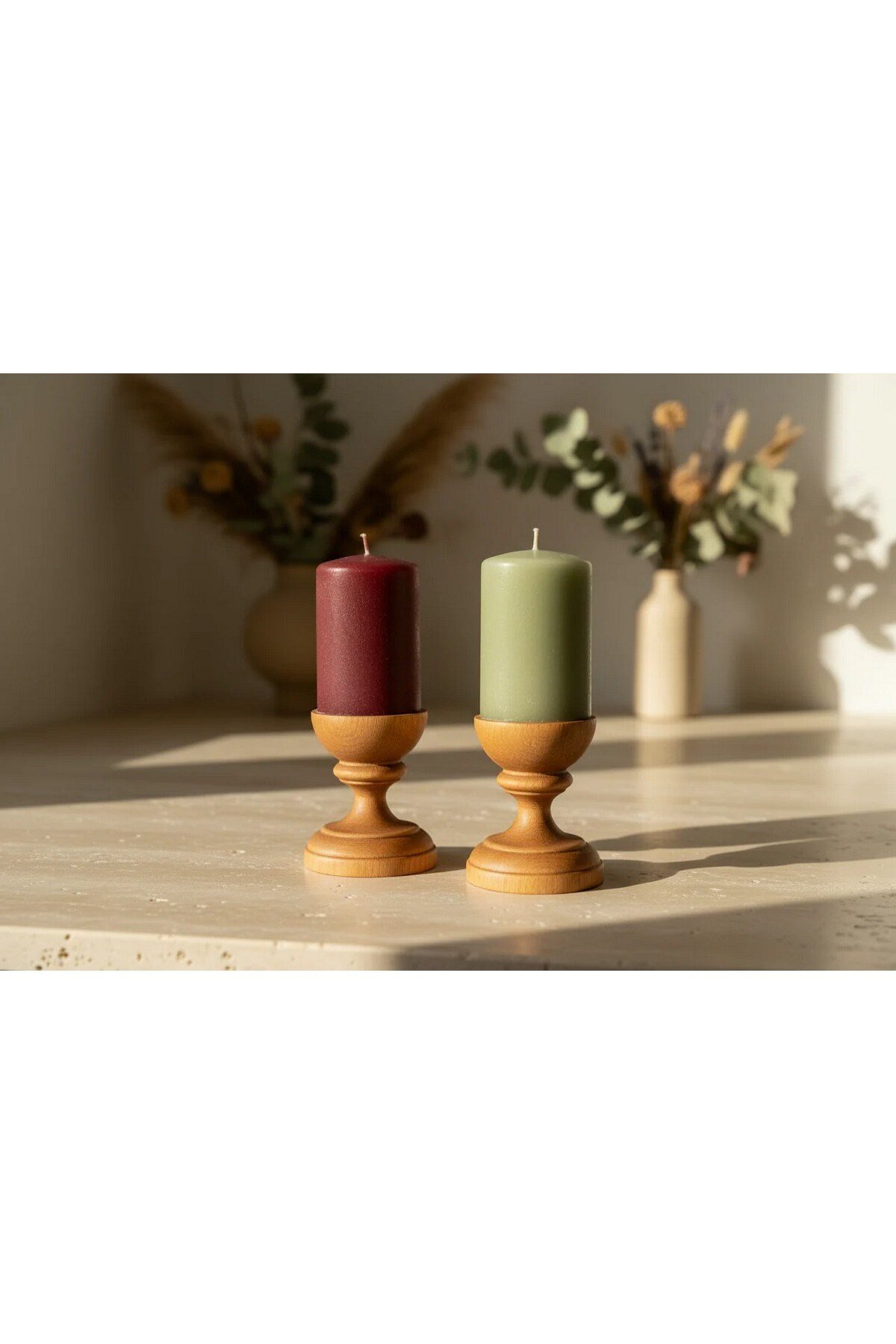 ( MUM 3 ) 2'li El Yapımı Doğal Ahşap Vazo Şamdan Mumluk 10 cm Modern Dekoratif İskandinav Masif Mumluk