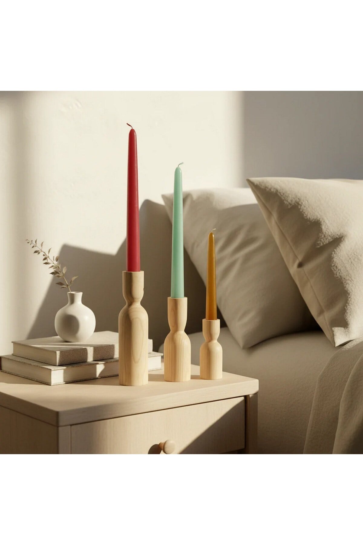 ( MUM 5 ) 3'lü El Yapımı Doğal Ahşap Vazo Şamdan Mumluk 18-14-10 cm Modern Dekoratif İskandinav Masif Mumluk
