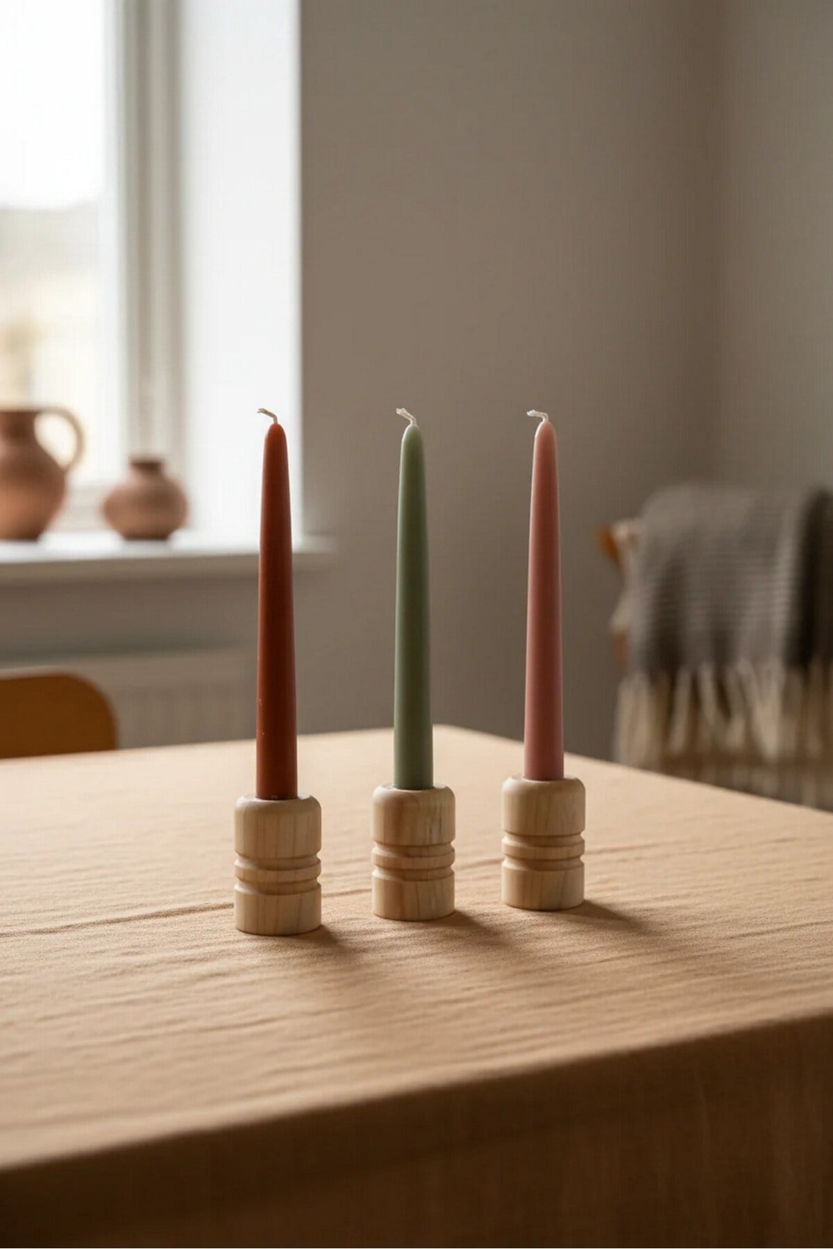 ( MUM 6 ) 3'lü El Yapımı Doğal Ahşap Vazo Şamdan Mumluk 7 cm Modern Dekoratif İskandinav Masif Mumluk