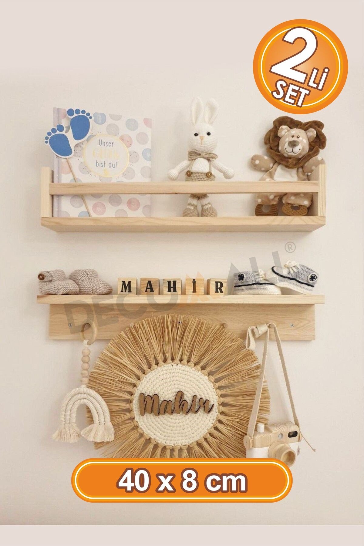 ( Raf-01 ) Ahşap Raf Askılık Ve Kitaplık Rafı-Eğitici Montessori Raf 2 Adet Çocuk Bebek Odası Raf 40 cm x 8 cm