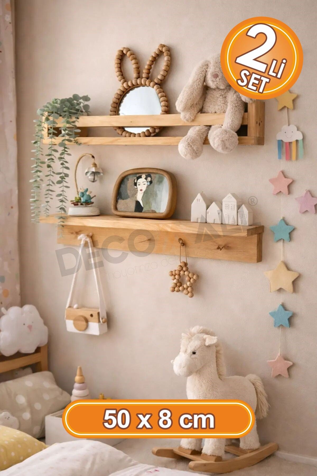 ( Raf-02 ) Ahşap Raf Askılık Ve Kitaplık Rafı-Eğitici Montessori Raf 2 Adet Çocuk Bebek Odası Raf 50 cm x 8 cm