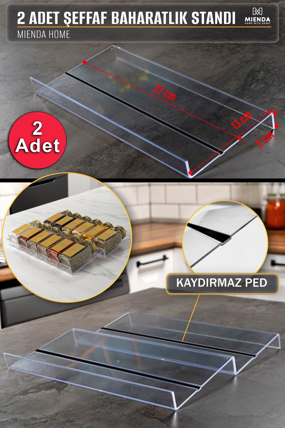 2 ADET Kaydırmaz Pedli Şeffaf Baharatlık Standı - 27x13 Cm Ebatlı Düzenleyici Organizer - Mhydkplx2