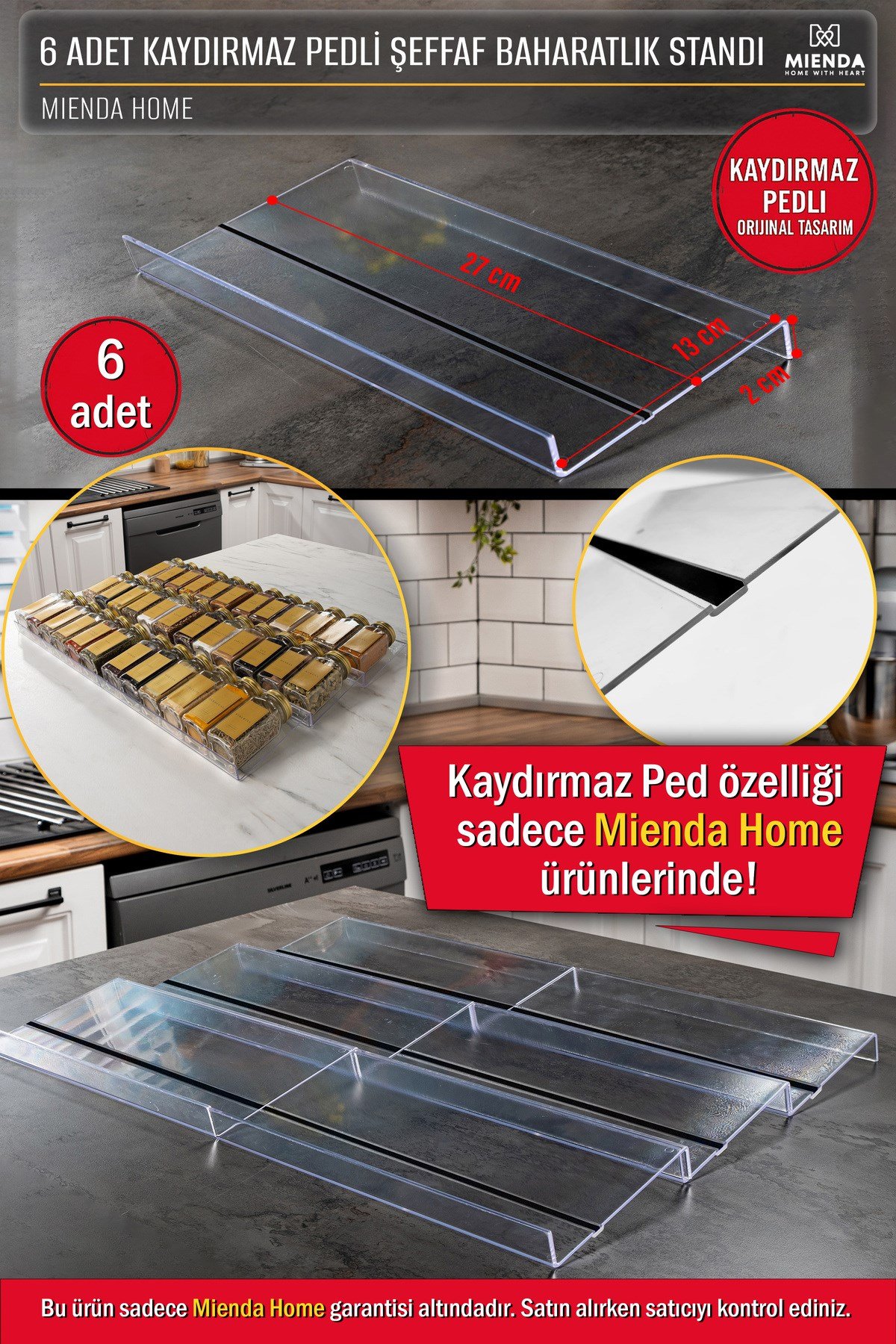 6 Adet Kaydırmaz Pedli Şeffaf Baharatlık Standı – 27x13 Cm Ebatlı Düzenleyici Organizer- Mhydkplx6