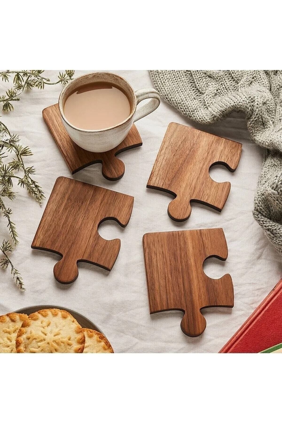 Ahşap Desenli Puzzle Mdf Bardak Altlığı 4'lü Set 10x10 Cm Masaüstü Dekorasyon Eşyası
