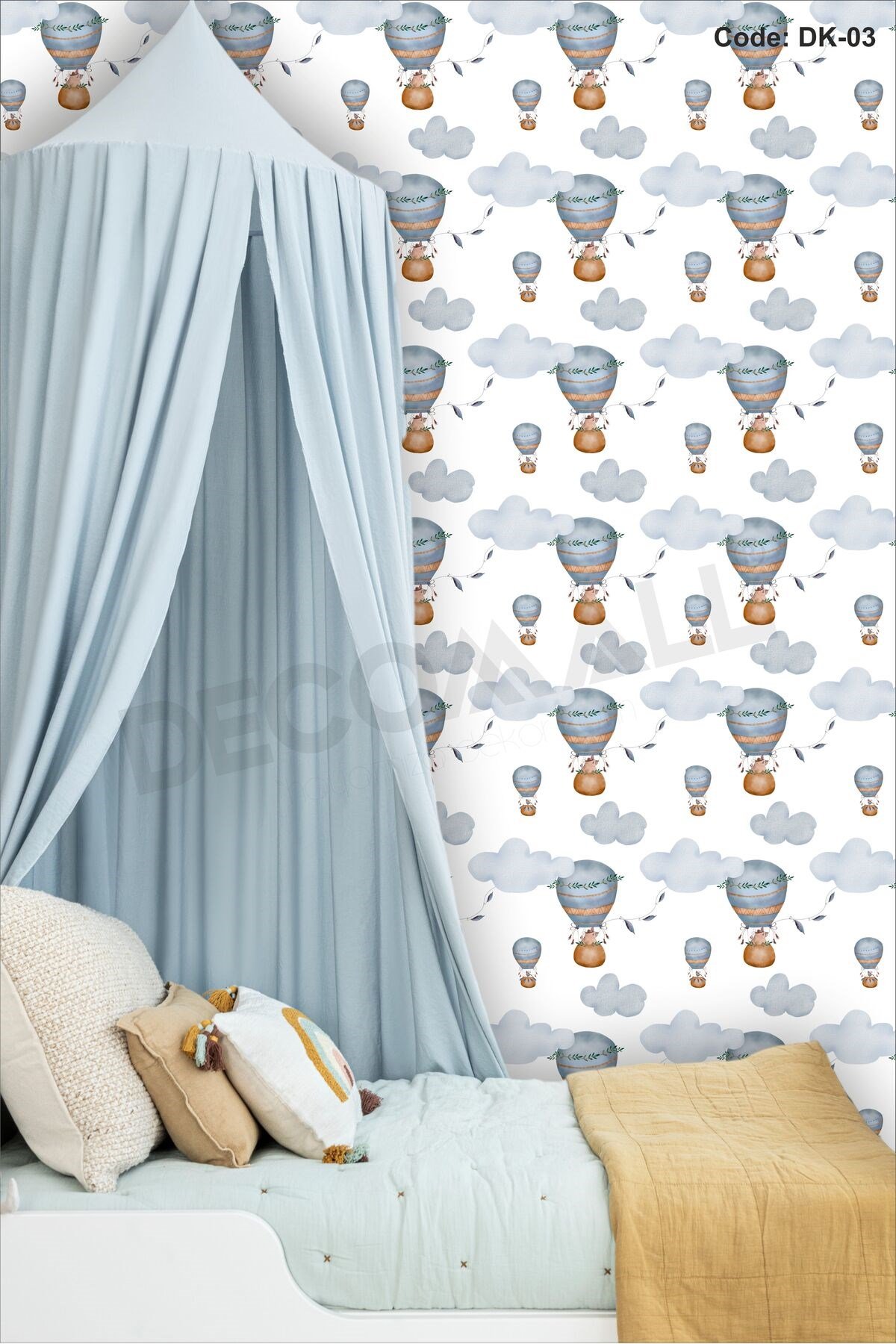 ÇDK-3 Balon & Bulut Desenli Bebek Çocuk Odası Duvar Kağıdı Kendinden Yapışkanlı 50 cm x 10 m