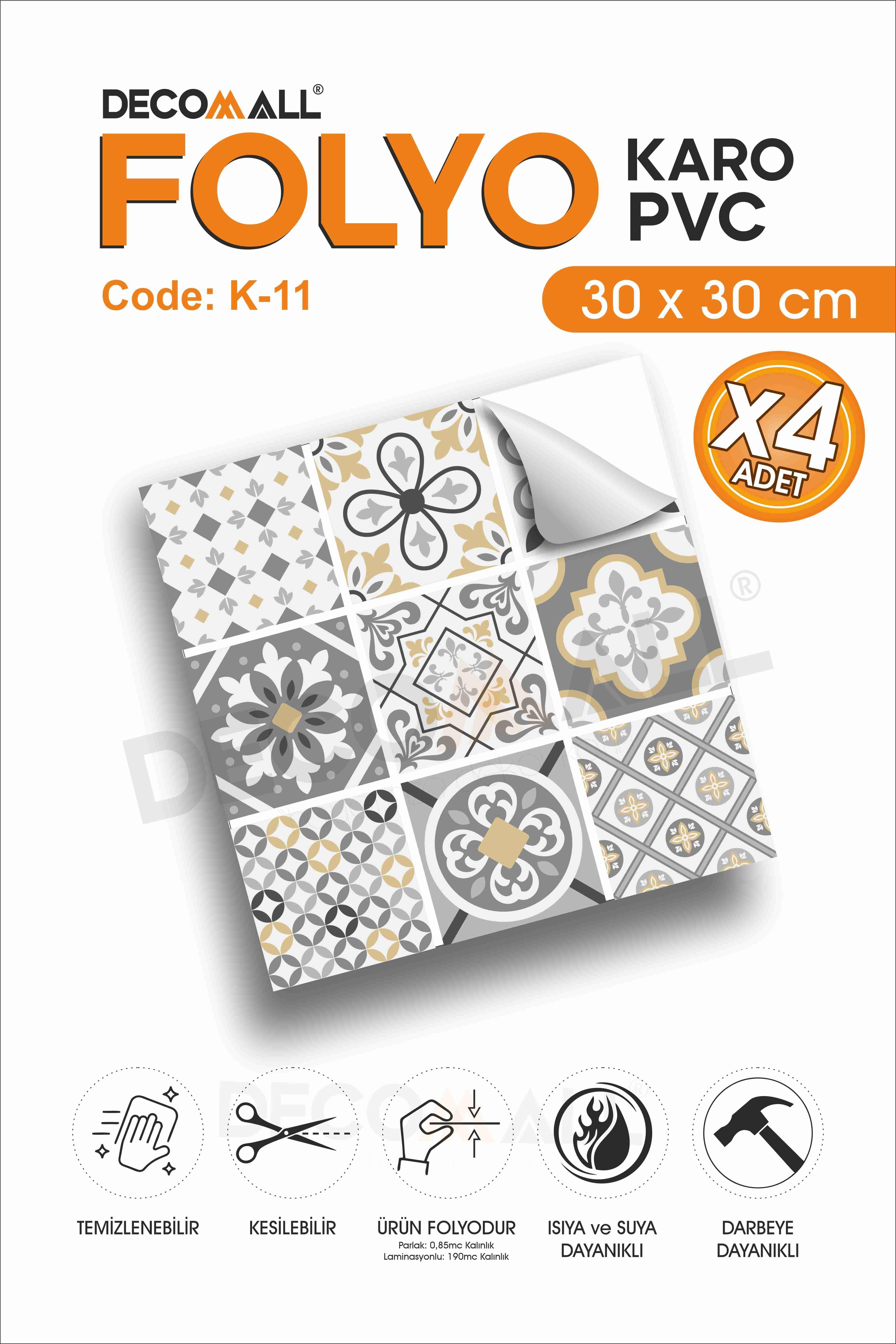 CodeK-11 Kendinden Yapışkanlı FOLYO KARO Suya Dayanıklı Mutfak Banyo Zemin Kaplama 30x30 Cm(4 ADET)