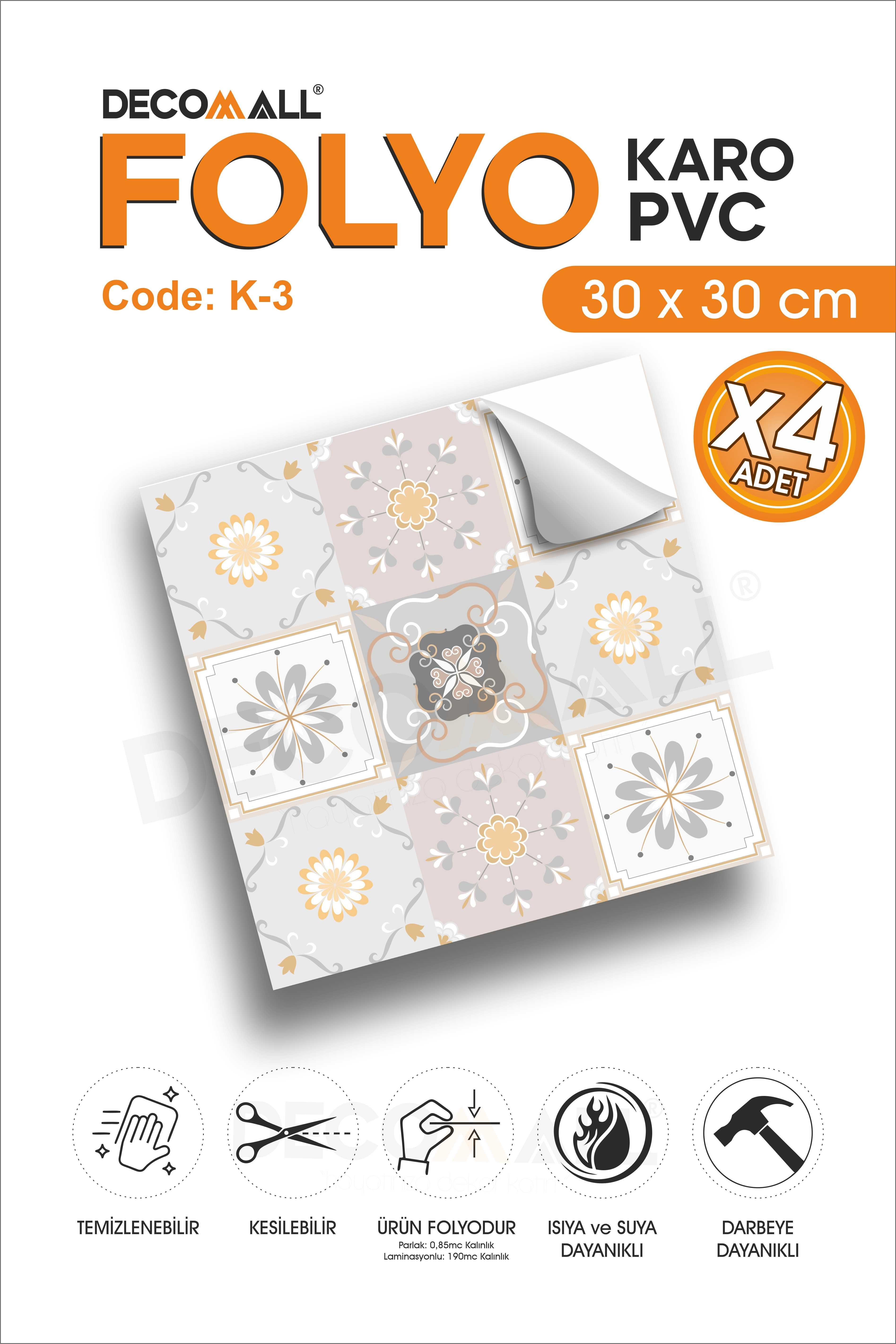 CodeK-3 Kendinden Yapışkanlı FOLYO KARO Suya Dayanıklı Mutfak Banyo Zemin Kaplama 30x30 Cm(4 ADET)