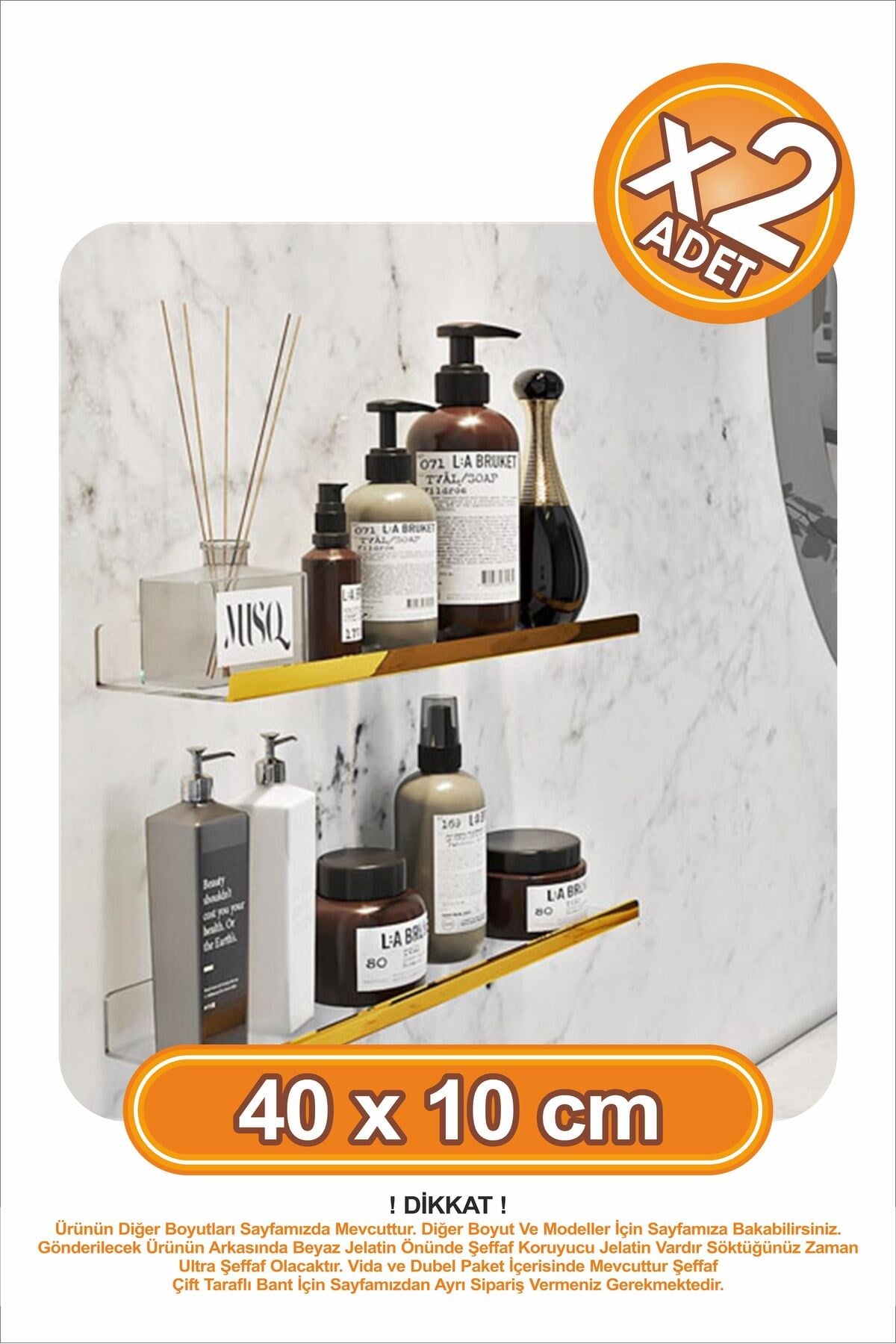Gold Şeritli x2 Adet 40x10 cm Banyo Duvar Baharatlık Düzenleyici Raf Çok Amaçlı Duvar Rafı