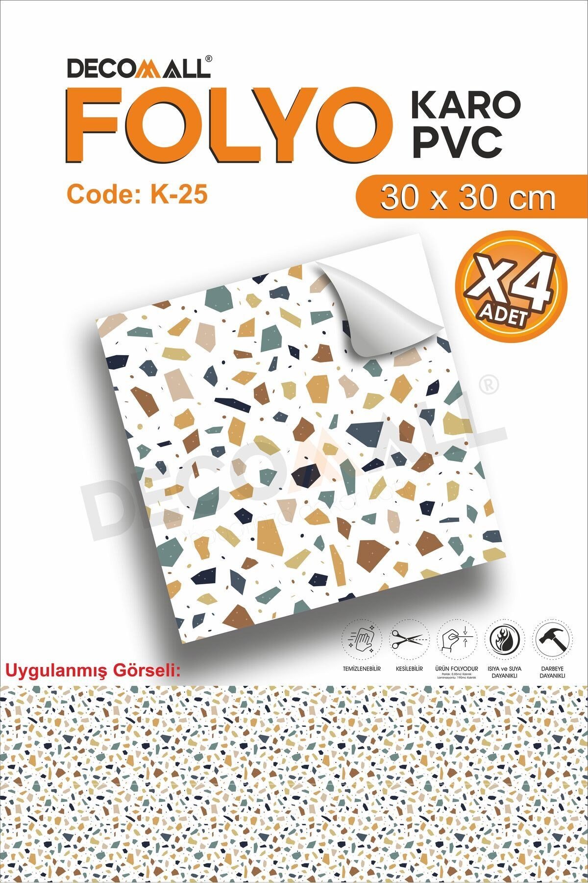K-25 Kendinden Yapışkanlı FOLYO KARO Suya Dayanıklı Mutfak Banyo Zemin Kaplama 30x30 Cm(4 ADET)