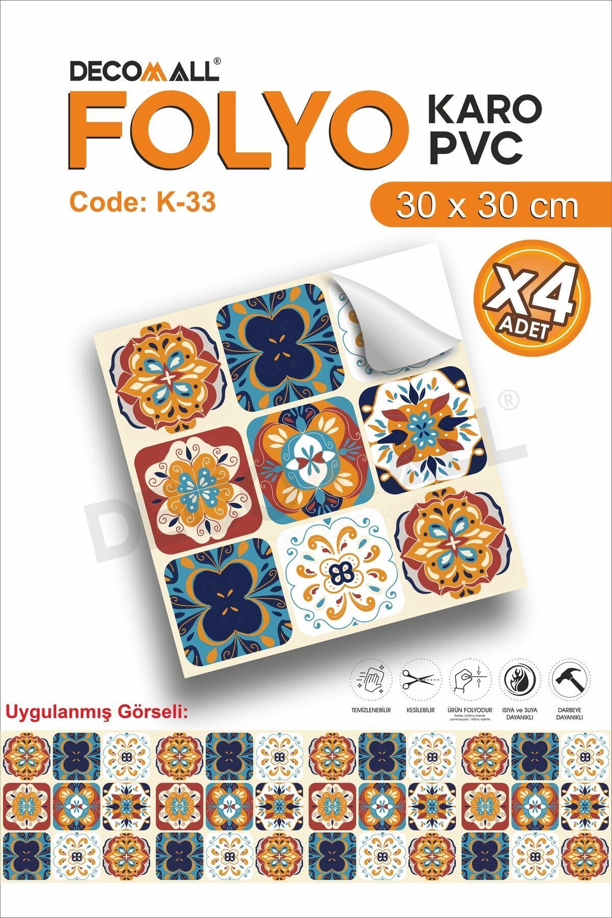 K-33 Kendinden Yapışkanlı FOLYO Suya Dayanıklı Mutfak Banyo Zemin Kaplama 30x30cm (Laminasyonlu)