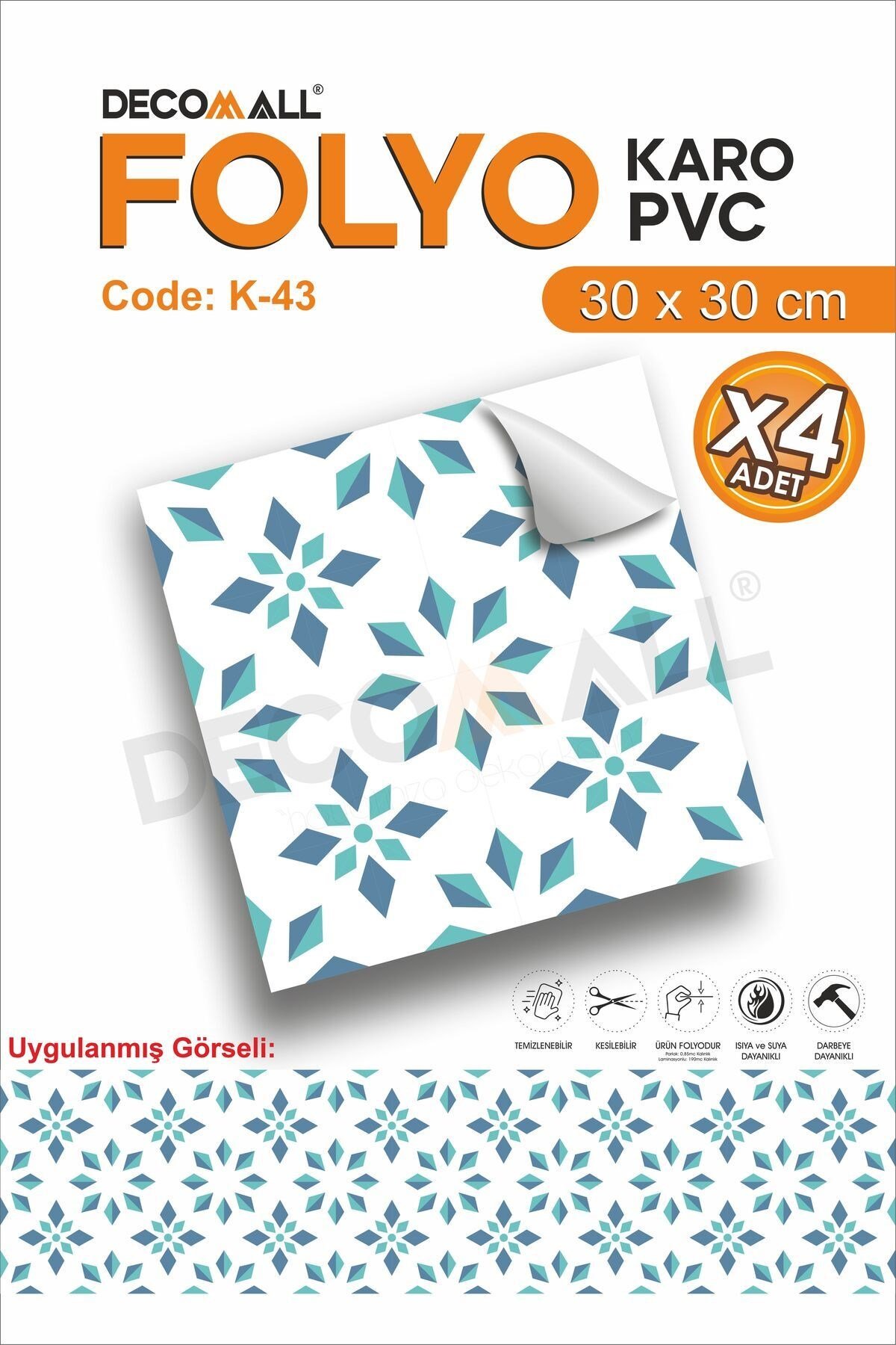 K-43 Kendinden Yapışkanlı FOLYO KARO Suya Dayanıklı Mutfak Banyo Zemin Kaplama 30x30 Cm(4 ADET)