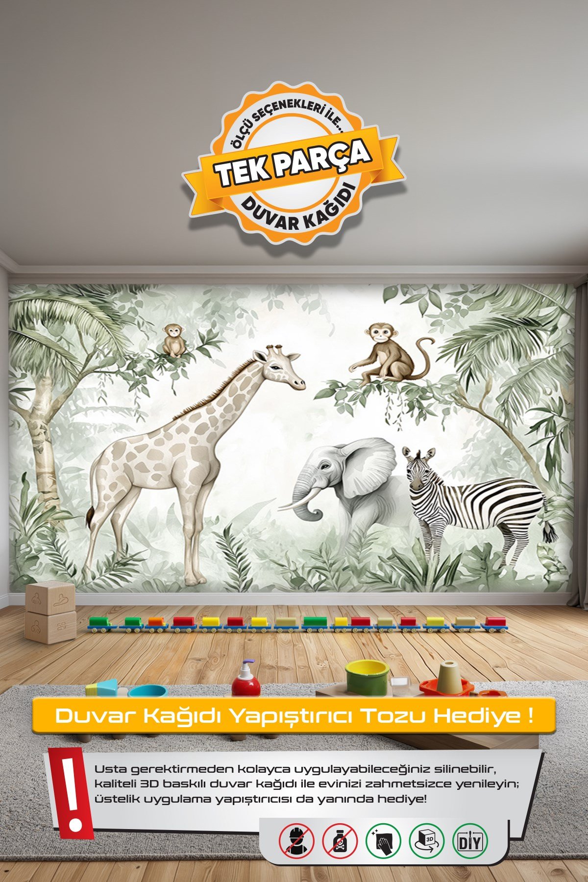 (Kids-6) Çocuk Bekek Genç Odası Tek Parça Duvar Kağıdı Kabartmalı 3D Görünümlü Yapışkan Hediyeli