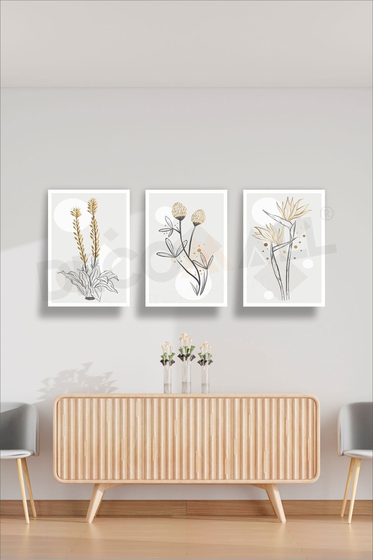 T-2 (75x50cm) 3 Parça Çerçeve Görünümlü Dekoratif Bohem Duvar Poster Seti Kendinden Yapışkanlı Folyo