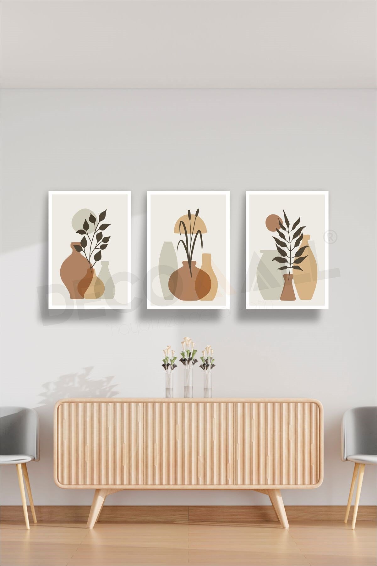 T-3 (50x30cm) 3 Parça Çerçeve Görünümlü Dekoratif Bohem Duvar Poster Seti Kendinden Yapışkanlı Folyo