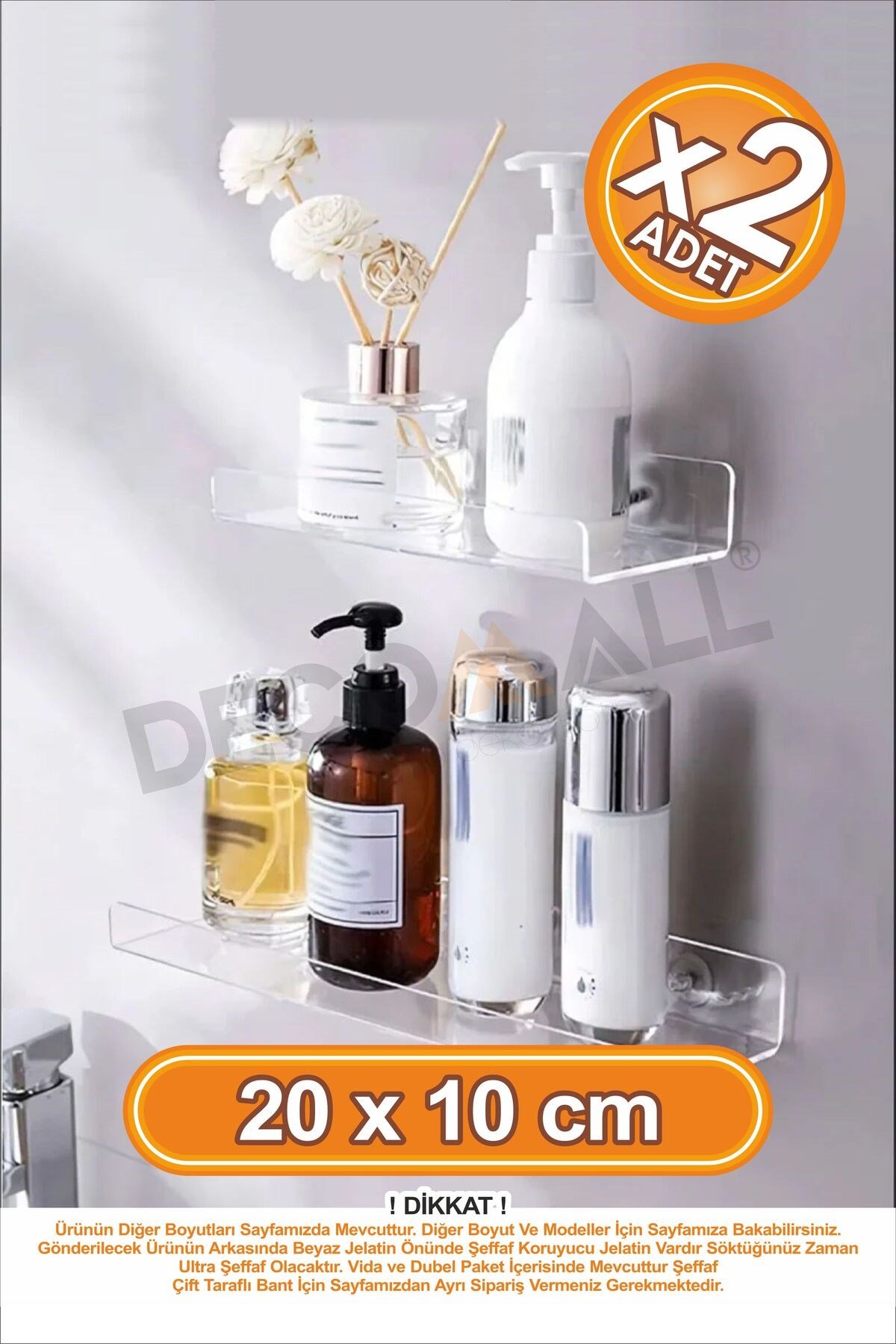 x2 Adet 20 x 10 cm Pleksi Hayalet Raf Duvar Banyo Baharatlık Düzenleyici Raf Çok Amaçlı