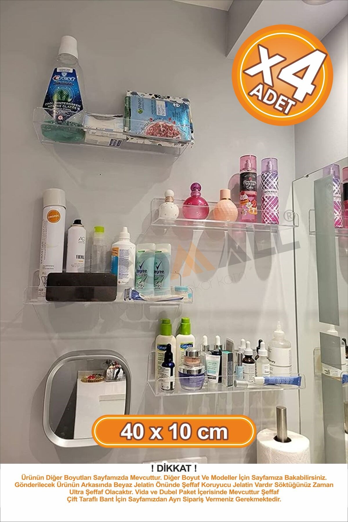 x4 Adet 40 x 10 cm Banyo Duvar Rafı Banyo Düzenleyici Hayalet Şeffaf Raf Duvar Rafı