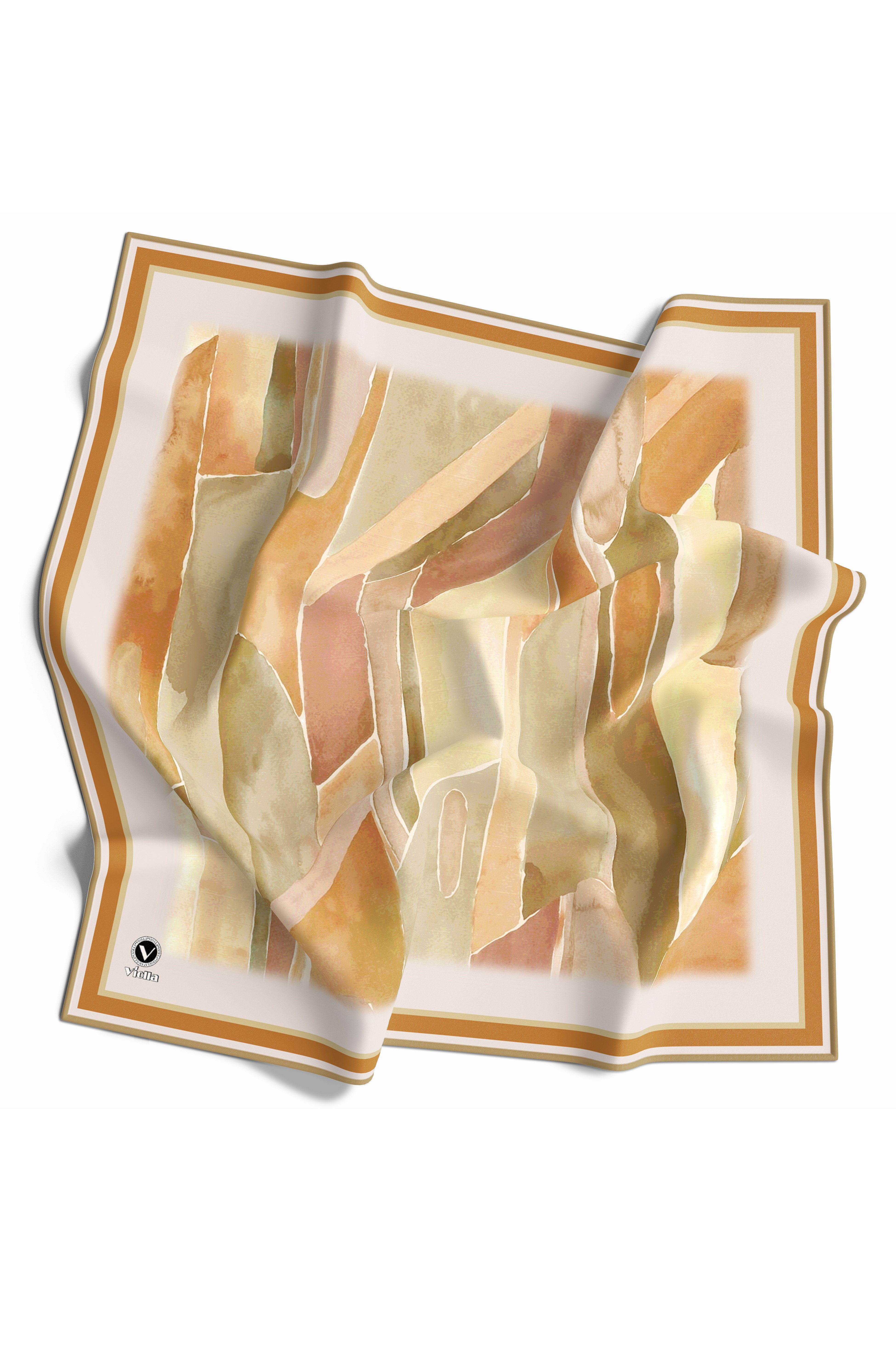 Kristal Suluboya Dokulu Geometrik Desenli Hardal Renkli 90x90 Eşarp (İpek İçermez) Kenar Dikiş Şekli El Dikişli