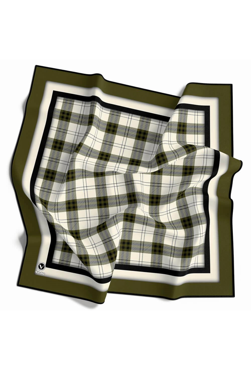 Twill Ekose Desenli Haki Renkli 90x90 Eşarp (İpek İçermez) Kenar Dikiş Şekli El Dikişli