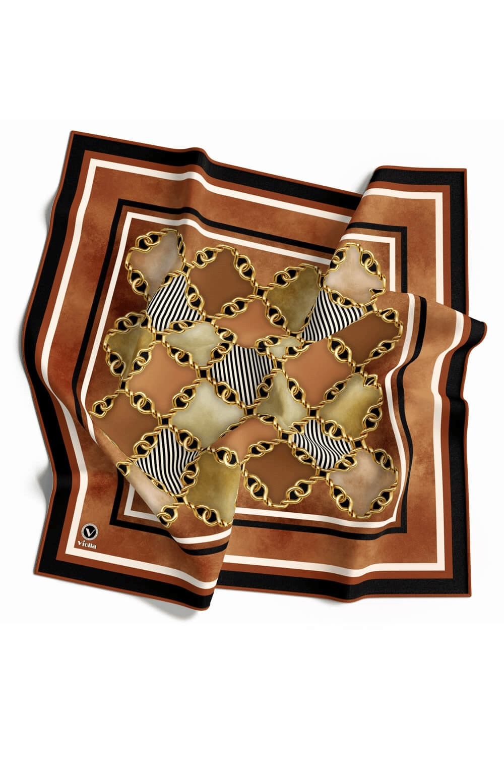 Twill Zincirli Geometrik Desenli Taba Renkli 90x90 Eşarp (İpek İçermez) Dikim Şekli : El Dikişi