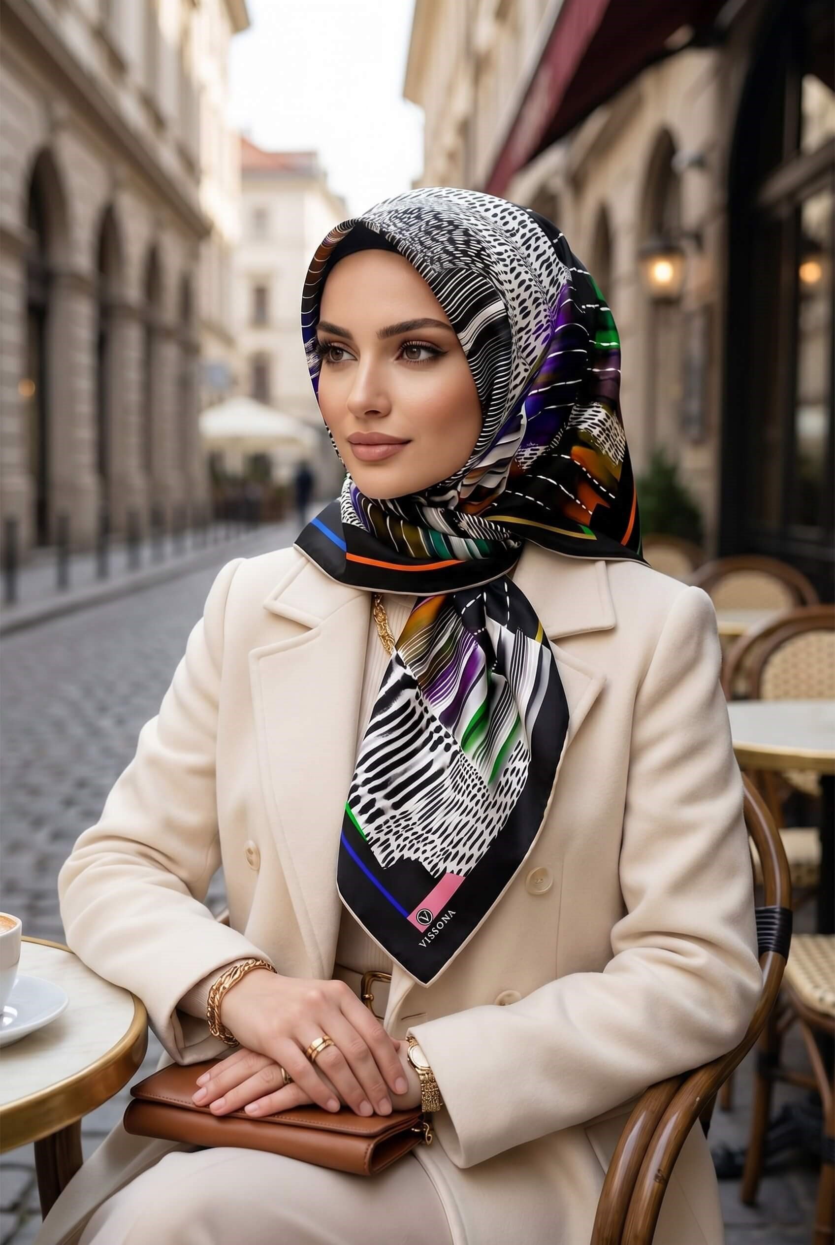 %100 Twill İpek Geometrik Desenli Siyah - Turuncu Renkli 90x90 Eşarp Dikim Şekli : El Dikişi