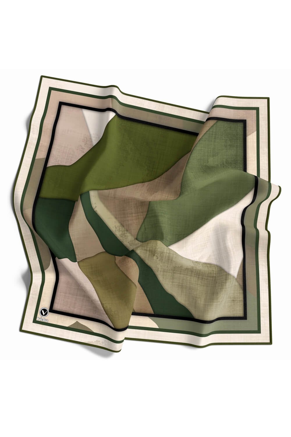 Twill Geometrik Desenli Haki Renkli 90x90 Eşarp (İpek İçermez) Kenar Dikiş Şekli El Dikişli