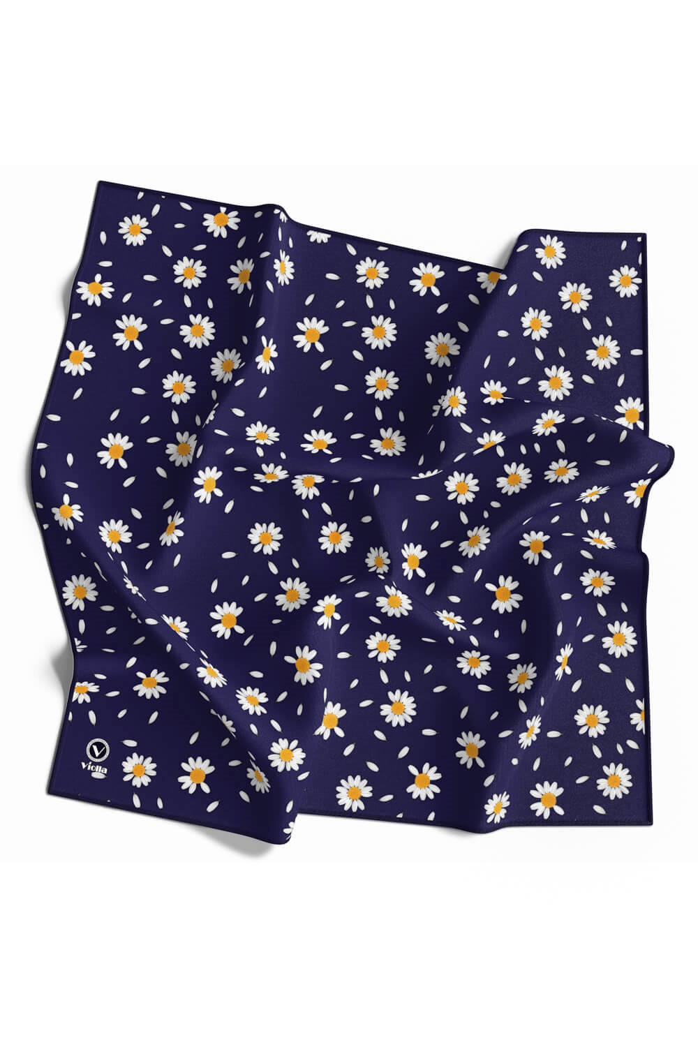 Twill Papatya Desenli Lacivert Renkli 90x90 Eşarp (İpek İçermez) Kenar Dikiş Şekli El Dikişli