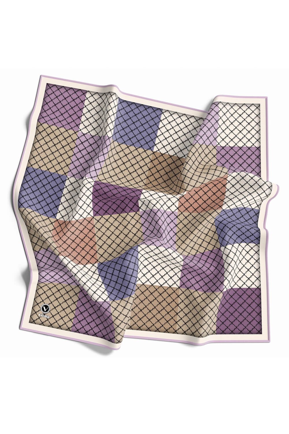 Twill Kare Desenli Lila Renkli 90x90 Eşarp (İpek İçermez) Kenar Dikiş Şekli El Dikişli