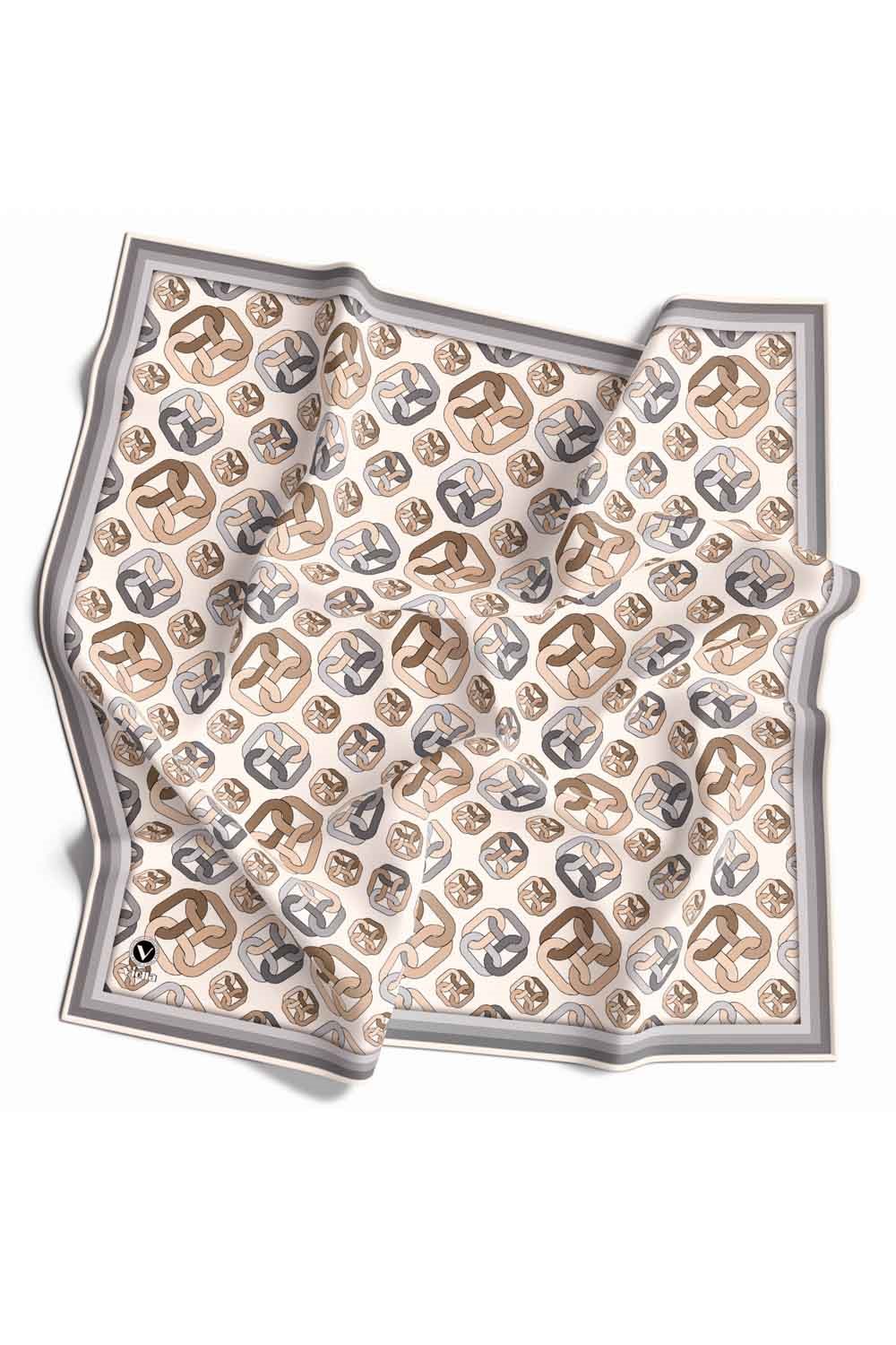 Kristal Zincir Motif Desenli Gri - Krem Renkli 90x90 Eşarp (İpek İçermez) Kenar Dikiş Şekli El Dikişli