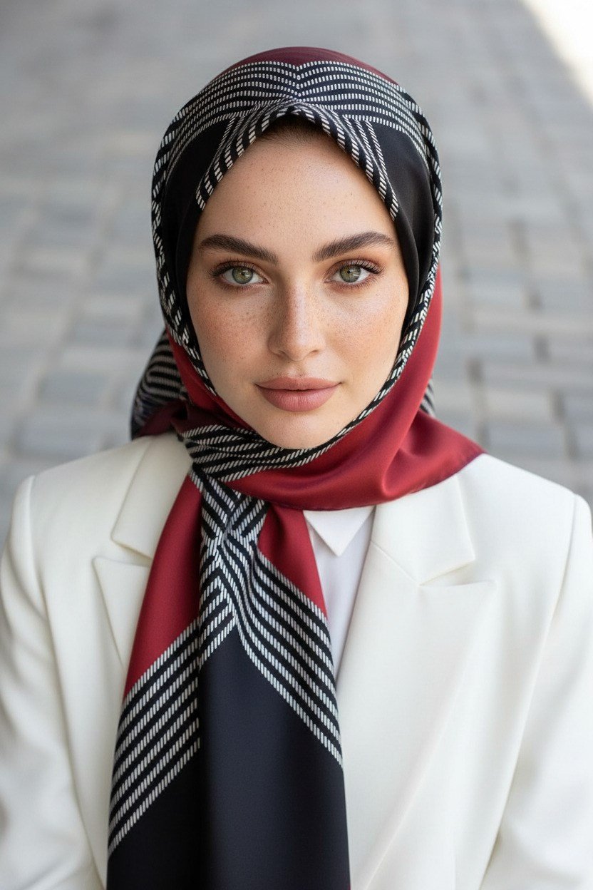 % 57 İPEK % 43 VİSKON Twill İpek Geometrik Desenli Bordo Renkli 90x90 Eşarp Dikim Şekli : El Dikişi