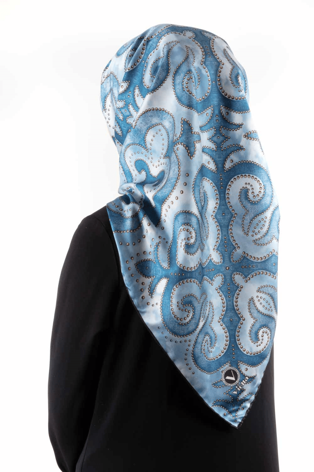 Twill Barok Desenli Petrol Mavisi Renkli 90x90 Eşarp (İpek İçermez) Kenar Dikiş Şekli El Dikişli
