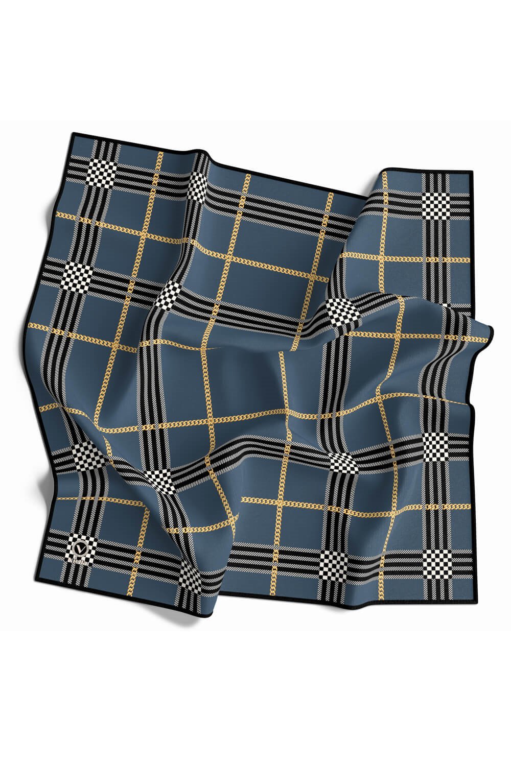Twill Ekose Desenli İndigo Renkli 90x90 Eşarp (İpek İçermez) Kenar Dikiş Şekli El Dikişli