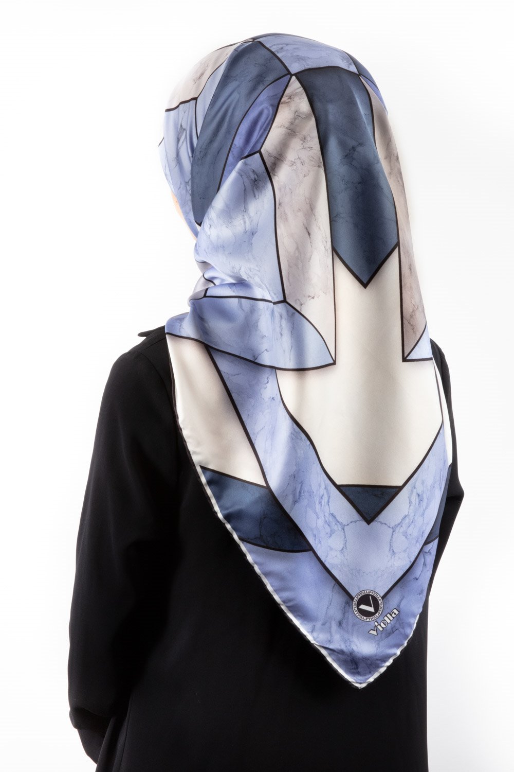 Twill Mermer Desenli İndigo - Lacivert Renkli 90x90 Eşarp (İpek İçermez) Kenar Dikiş Şekli El Dikişli