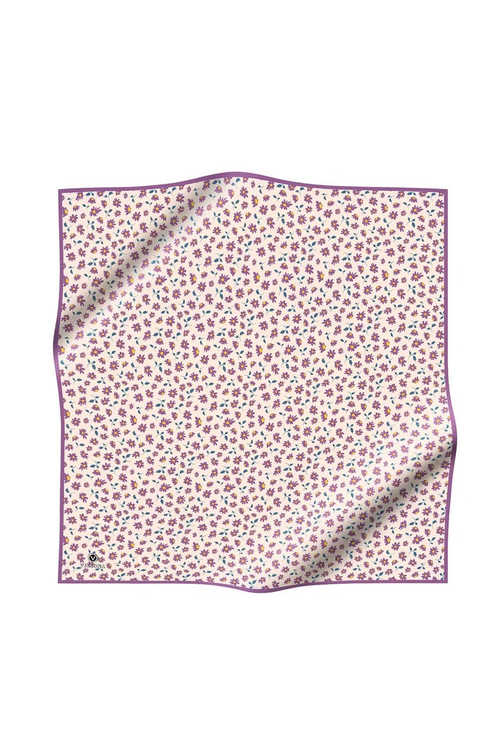 %100 Twill İpek Papatya Desenli Krem - Lila Renkli 90x90 Eşarp Dikim Şekli : El Dikişi