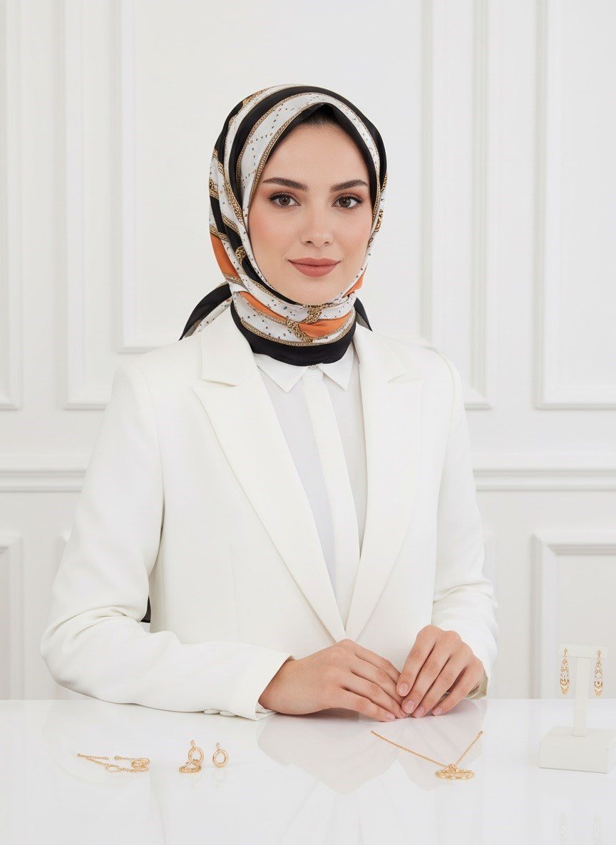 100% İPEK KEMER DESENLİ TABA - SİYAH RENKLİ ŞAL