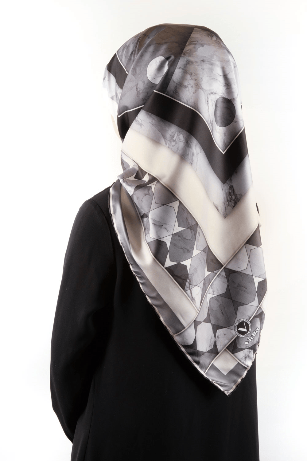 Twill Geometrik Mermer Desenli Gri Renkli 90x90 Eşarp (İpek İçermez) Kenar Dikiş Şekli El Dikişli