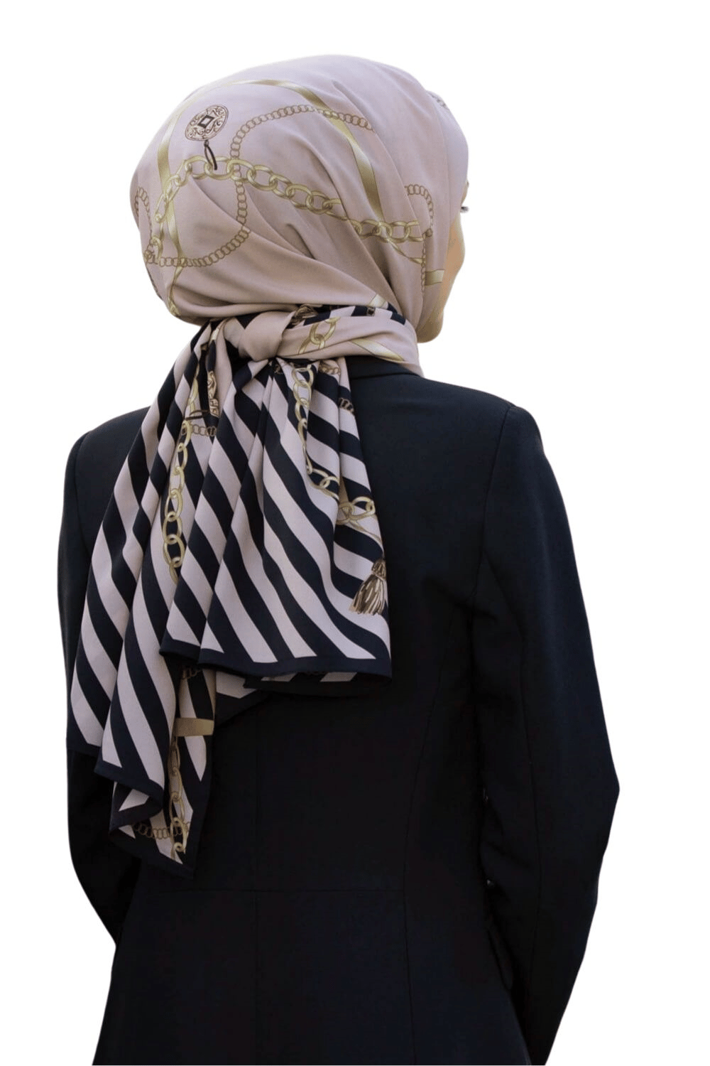LÜKS MEDİNE İPEĞİ ÇİZGİLİ DESENLİ VİZON - SİYAH RENKLİ 75X195 KIRIŞMAZ ŞAL MOSS KREP DİKİŞ TİPİ İTALYAN DİKİŞLİ