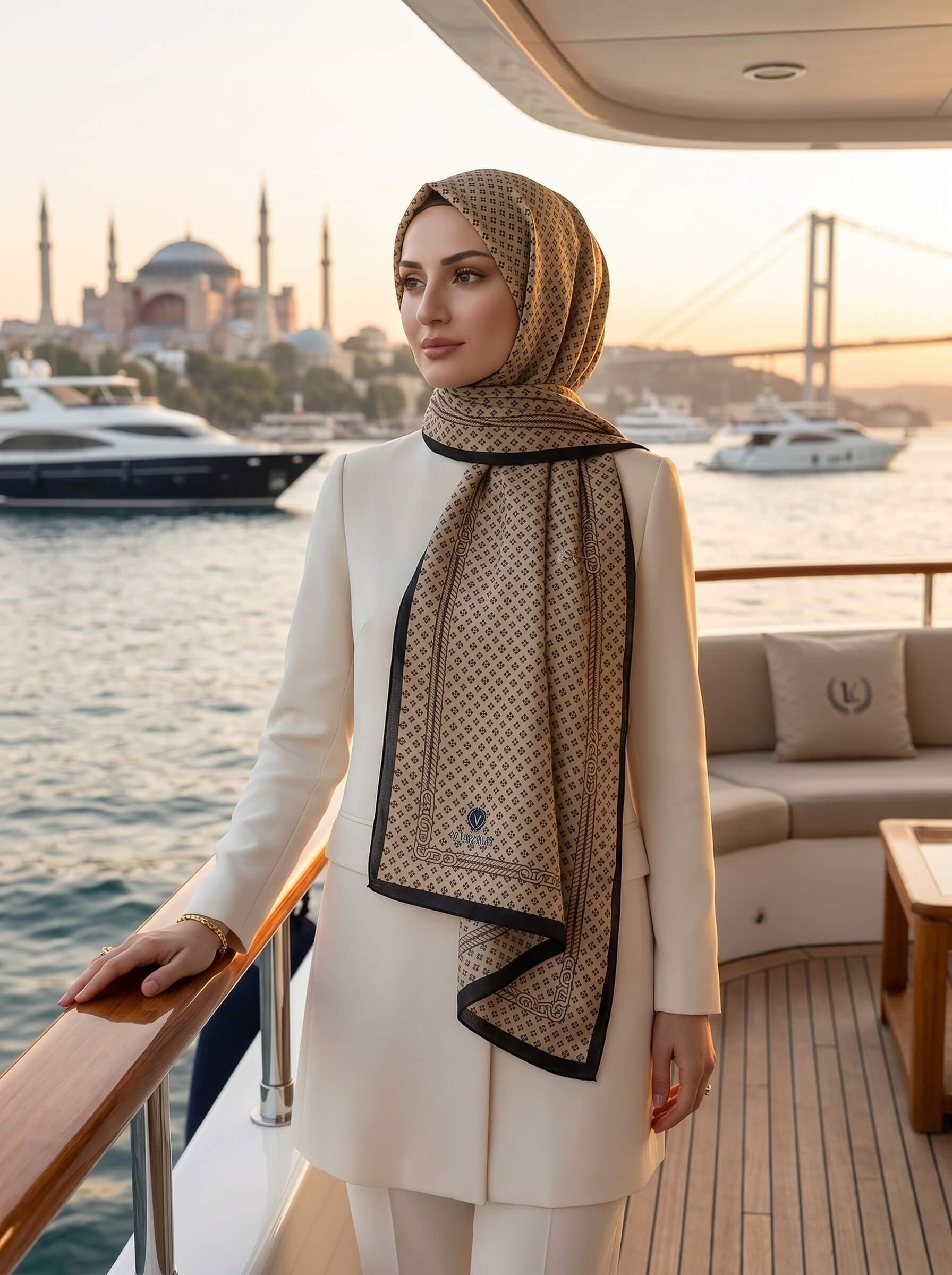 %100 İPEK ZİNCİR DESENLİ BEJ - SİYAH RENKLİ ŞAL