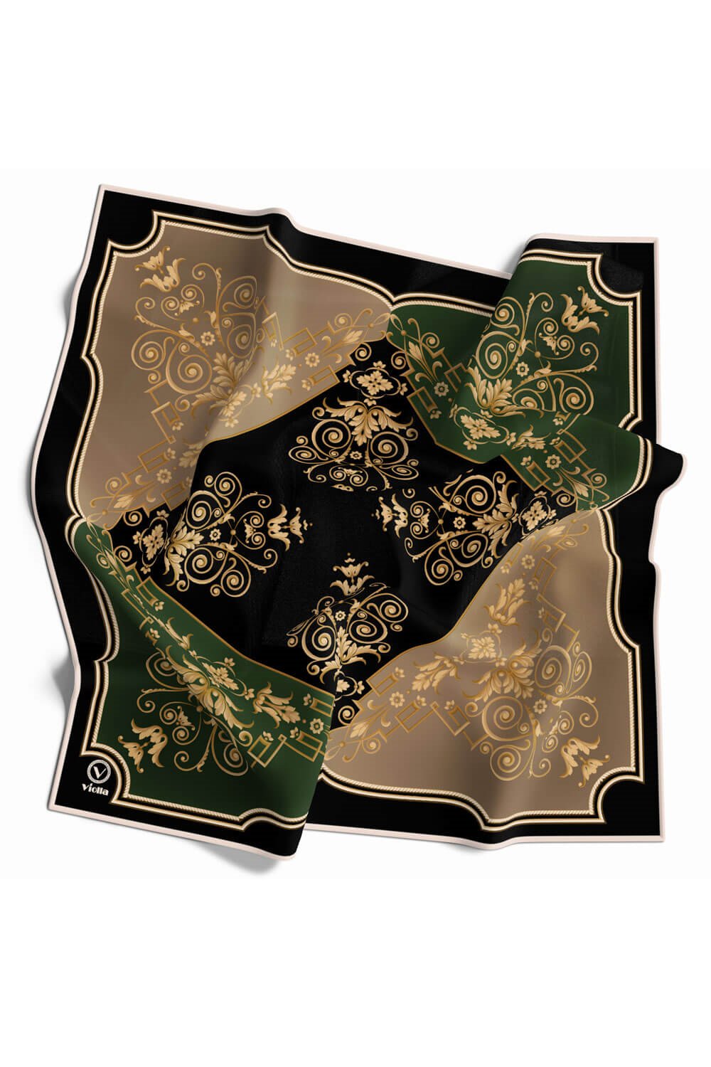Twill Gold Desenli Zümrüt Yeşili Renkli 90x90 Eşarp (İpek İçermez) Kenar Dikiş Şekli El Dikişli