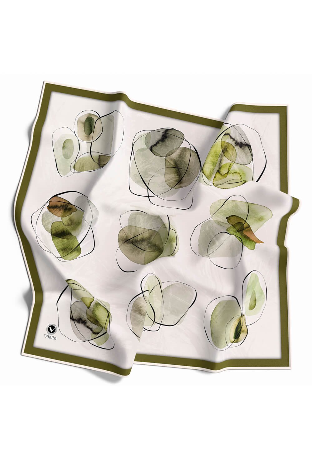 Twill Sulu Boya Geometrik Desenli Haki Renkli 90x90 Eşarp (İpek İçermez) Kenar Dikiş Şekli El Dikişli