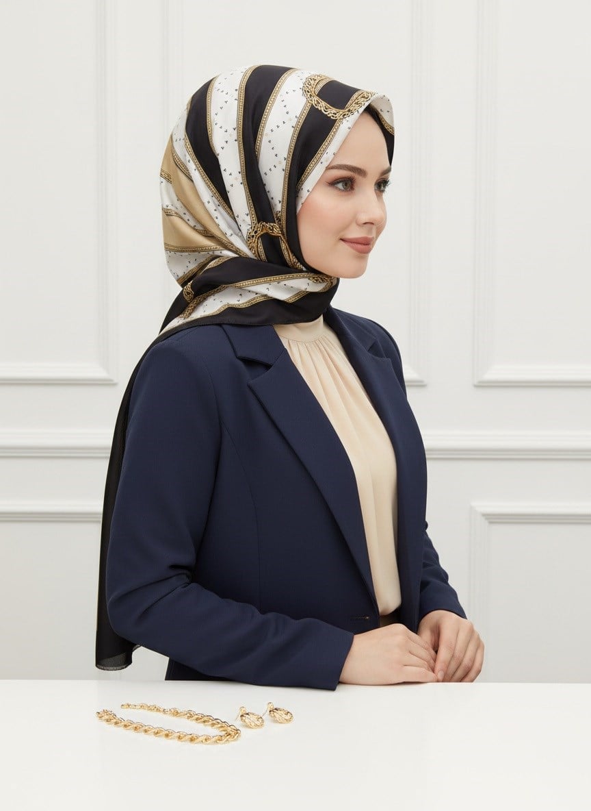 100% İPEK KEMER DESENLİ BEJ - SİYAH RENKLİ ŞAL