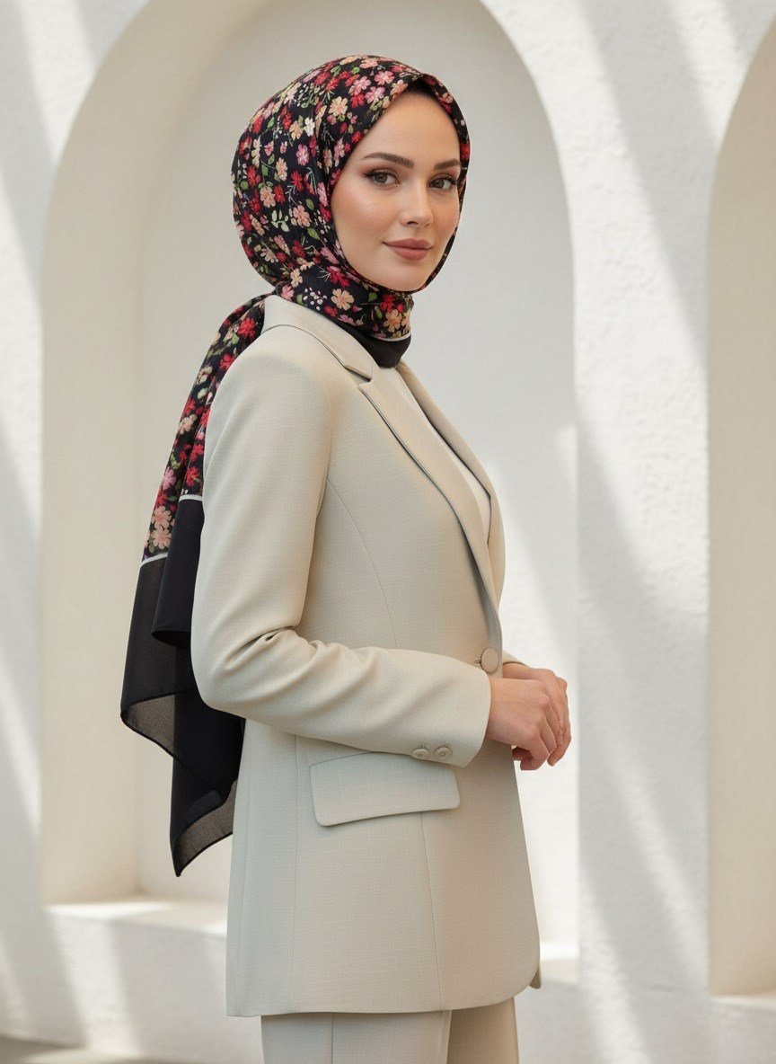 %100 İpek Çıtır Çiçek Desenli Siyah - Bordo Renkli 92x210 Şal