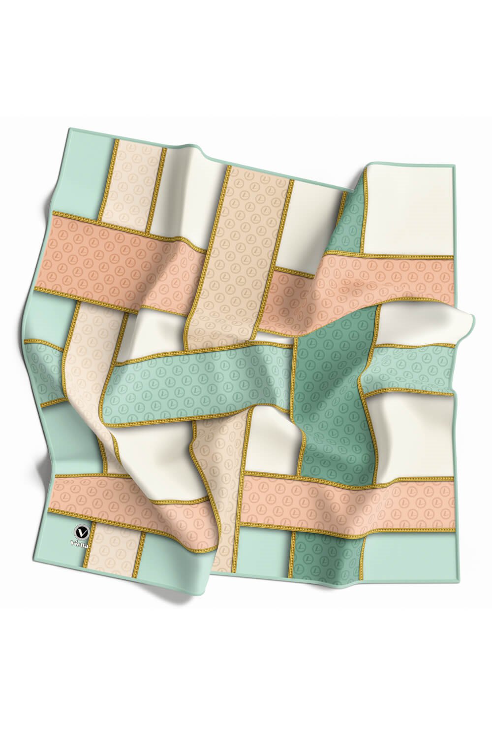 Twill Şeritleri Monogram Desenli Mint Yeşili - Somon Renkli 90x90 Eşarp (İpek İçermez) Dikim Şekli : El Dikişi