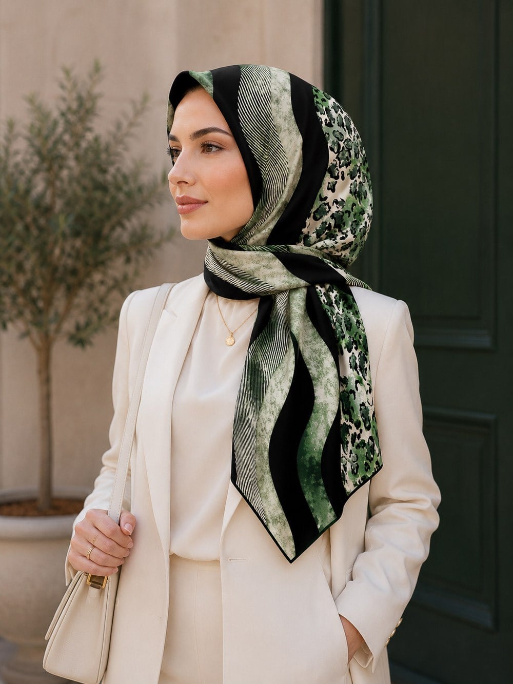 %100 Twill İpek Leopar Ve Geometrik Desenli Zümrüt Yeşili - Haki Renkli 90x90 Eşarp Dikim Şekli : El Dikişi