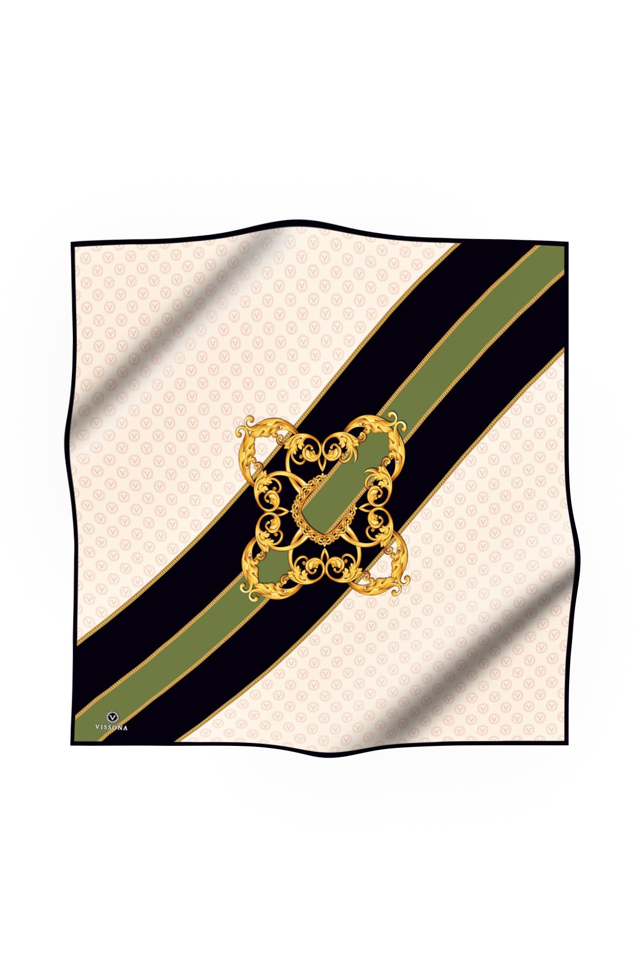 %100 Twill İpek Monogram Ve Barok Desenli Siyah - Haki Renkli 90x90 Eşarp Dikim Şekli : El Dikişi