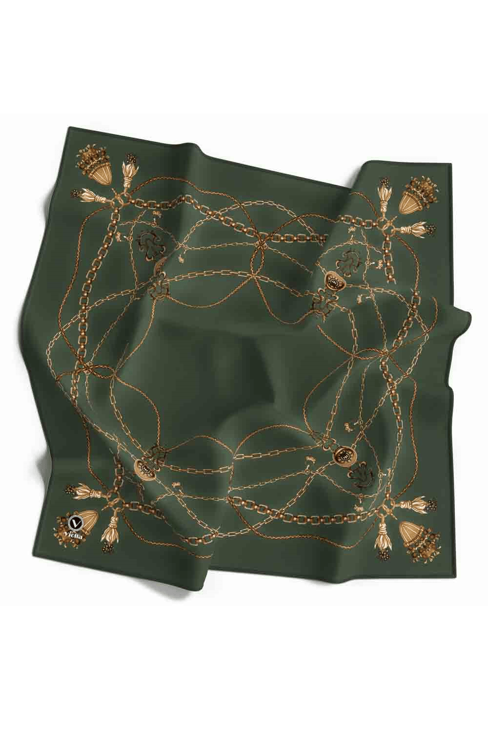 Kristal Geometrik Desenli Haki Renkli 90x90 Eşarp (İpek İçermez) Kenar Dikiş Şekli El Dikişli
